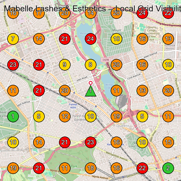 Mabelle Lashes & Esthetics Sala³N De Pestaa±As GeoGrid ranking map for Forest Hills NY